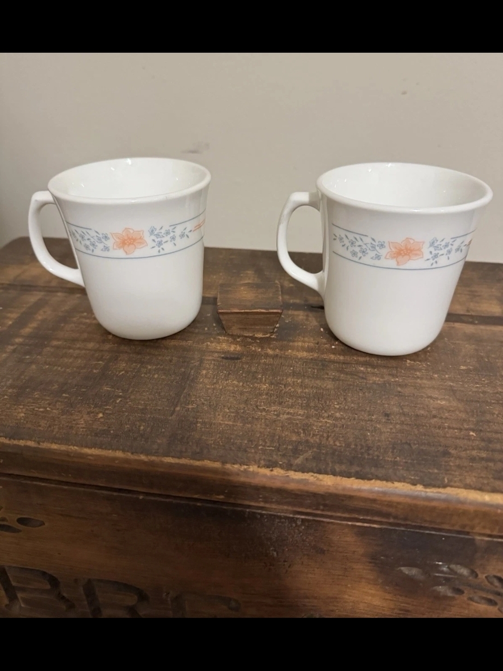 White Ceramic Mugs with Peach Floral Band - Set of 2